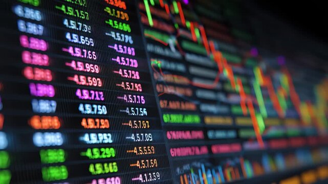 Stock market quotes display with dynamic price movements and data visualizations during trading hours in a financial district