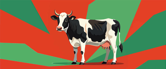 Colorful cow illustration with black spots, modern graphic design, isolated on abstract background