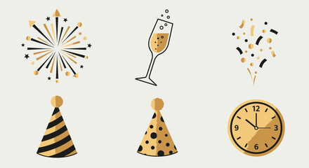 A collection of six winter-themed icons including a snowflake, candle, hot chocolate, beanie, mitten, and pine branch.