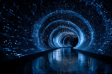 Digital Data Tunnel: Navigate a mesmerizing tunnel of digital data, the walls pulsating with a symphony of light and information, creating an experience of technology and the future.