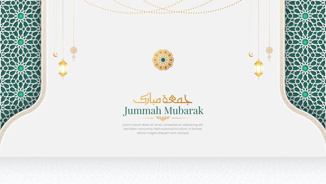 Jumma Mubarak Islamic greeting card background with Arabic pattern and decorative arch