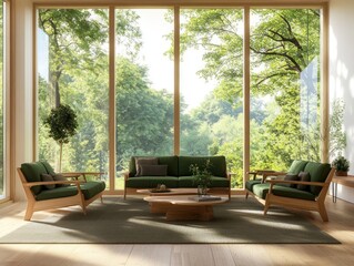 Modern living room with large windows showcasing a lush forest view