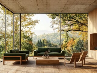 Modern living room with panoramic fall views