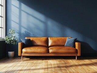 Modern living room with tan leather couch and blue accents