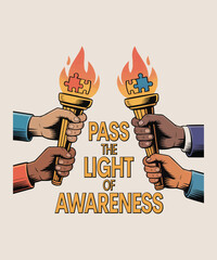 Hands holding flaming torches with puzzle pieces passing the light of awareness