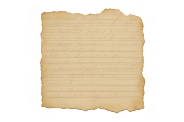 Old lined paper with faded handwritten text, vintage empty blank document page with torn burnt edges on transparent background