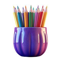 A vibrant collection of sharpened colored pencils in a sparkling purple holder.