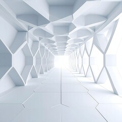 Obraz premium Abstract white corridor stretches into the distance with geometric patterns creating a modern and futuristic atmosphere in a bright, clean space.