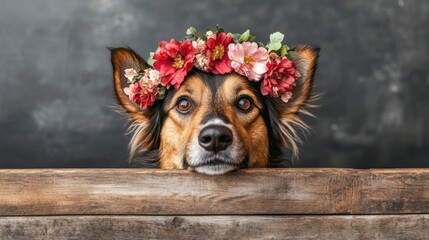 Cute dog with flower wreath on head looking forward with bright eyes against rustic wood and dark wall
