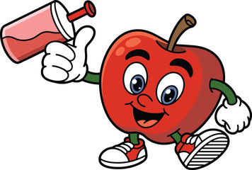 Cartoon apple character, healthy fruit mascot, smiling apple with drink, thumbs-up gesture, kids nutrition icon, red fruit illustration, fun vector design