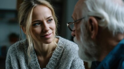 Female support worker engages in conversation with senior man at home during afternoon visit focused on companionship and care