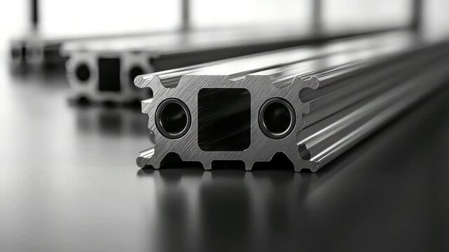 Metal profiles arranged on a smooth surface in a well-lit workshop for engineering projects