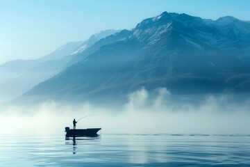 A man is fishing in a boat on a lake
