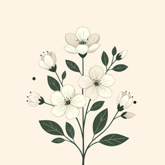 Minimalist white flower bouquet with green leaves, elegant botanical design