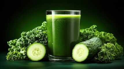 Glass of green detox smoothie with kale and cucumber, symbolizing wellness, healthy diet and fresh nutrition concept