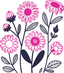 Vibrant pink floral illustration with dark navy stems and leaves on white