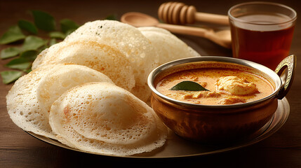 Appam and Curry Culinary Delight: A delectable spread featuring fluffy Appam alongside a rich, flavorful curry, presented in a traditional setting with a refreshing drink and wooden spoon.