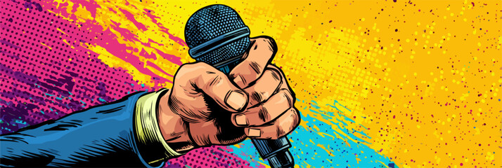 Dynamic comic book style illustration of a hand holding a microphone against a vibrant, abstract background.