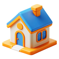 Adorable 3D Cartoon House with Blue Roof and Orange Accents.