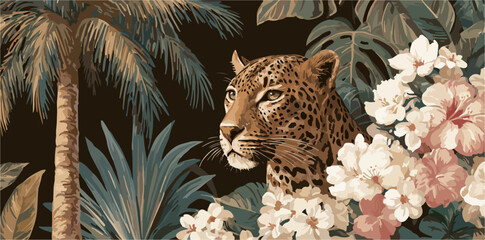 A majestic leopard emerges from a lush jungle filled with exotic flowers and palm trees.
