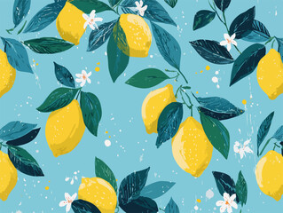 Vibrant vector illustration of ripe lemons and delicate blossoms on a textured blue background.