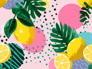 Vibrant abstract pattern featuring lemons, tropical leaves, and colorful geometric shapes on a pink background.