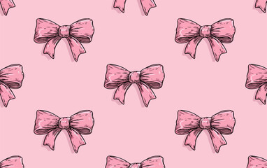 A charming seamless pattern featuring hand-drawn pink bows on a soft pastel background.