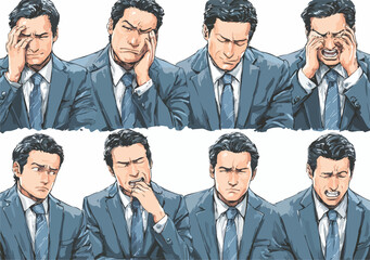 Business professional expresses a range of negative emotions and reactions through facial expressions and gestures.