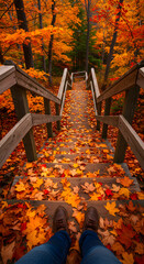 Autumn Staircase: Vibrant Fall Leaves Covering Wooden Steps in Forest