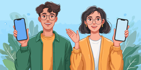 Young diverse friends happily presenting smartphones with blank screens for your content.