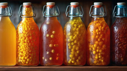 Bottles with colorful herbal drinks and berries, representing organic wellness beverages and natural nutrition concept
