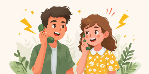 Two smiling young people are talking on vintage telephones with green receivers and plants in the background