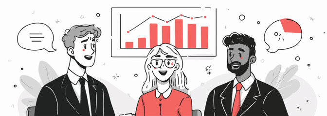 Diverse business professionals collaborate discussing growth charts and strategy in a modern office setting.