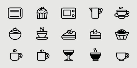 A collection of simple vector icons representing food, drinks, and kitchen appliances.