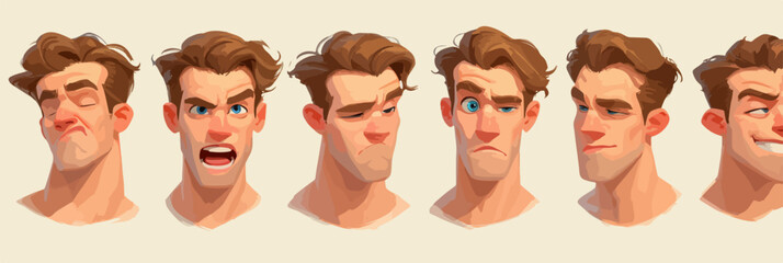 A stylized illustration showcasing a male character's diverse facial expressions and emotions.