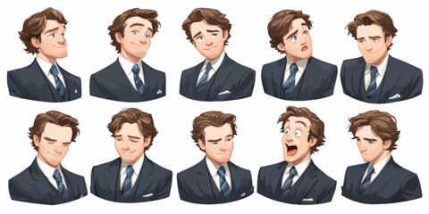 A collection of diverse facial expressions from a stylized businessman in a suit, conveying various emotions and attitudes.