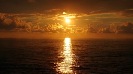 Obraz premium Breathtaking sunset over the ocean with golden light shimmering on the tranquil horizon