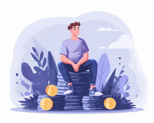 A young man sits atop a pile of coins surrounded by lush foliage, symbolizing wealth and prosperity.