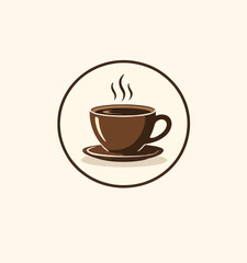 Obraz premium Steaming coffee cup logo design, minimalist brown beverage icon, circular emblem