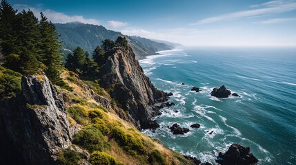 Fototapeta premium Majestic cliff offering panoramic view of the ocean below with expansive horizon and clear sky