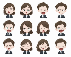 Collection of diverse cartoon faces expressing various emotions like surprise, anger, and sadness.