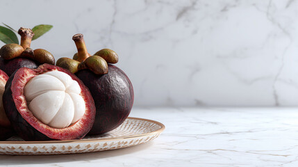 Mangosteen fruit on marble surface, representing exotic superfood and tropical wellness concept