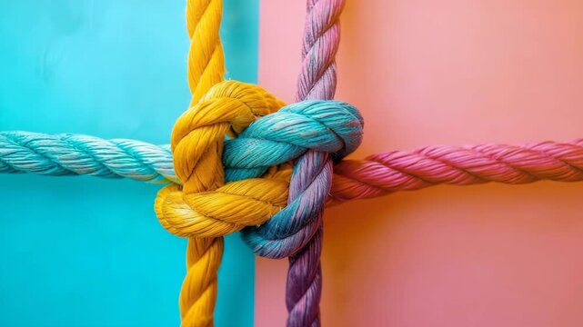 Colorful ropes tied in intricate knots against vibrant backgrounds in art display