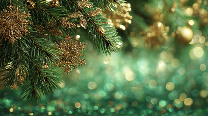 Bright light green festive Christmas background with fir branches, garlands, golden Christmas tree decorations, golden snowflakes, bokeh effect, with space for text. Horizontal holiday banner