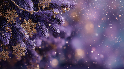 Bright light violet Christmas background with fir branches, garlands, golden snowflakes. Festive winter composition with bokeh effect and space for text, perfect for greeting cards and holiday design,