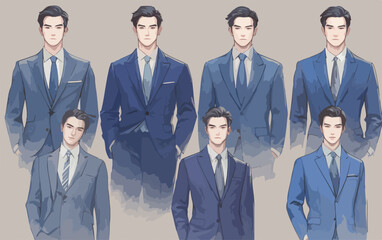 A collection of stylish men's suits in various shades of blue, showcasing different cuts and designs.