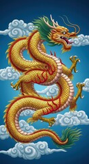 Obraz premium Magnificent golden serpent creature spirals dynamically through a vibrant blue sky surrounded by stylized white clouds