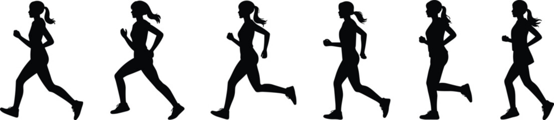 Running silhouette sequence, female athlete motion, stride phase illustration, ponytail runner icon, sports biomechanics graphic, black and white vector, fitness movement design