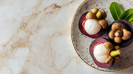 Mangosteen fruit in bowl on marble table, representing tropical vegan nutrition and exotic wellness concept. Copy space