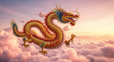 Fototapeta premium Majestic golden serpentine creature soars through ethereal sunset clouds